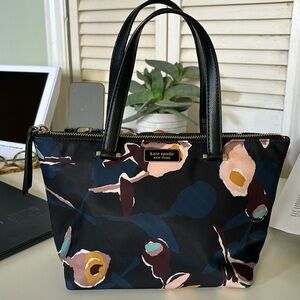 Kate Spade navy nylon floral leather handle handbag